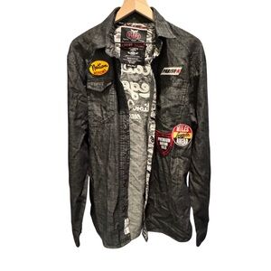 EUC Parish Nation Black Denim Button-Up Shirt with Patches
